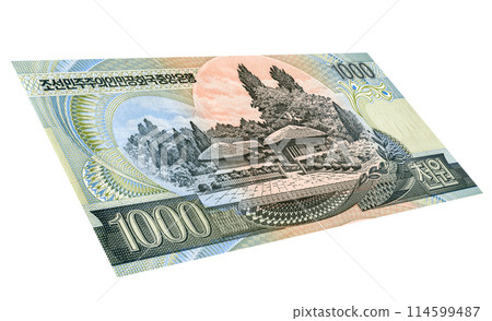 Birthplace of Kim Il Sung in Mangyongdae-guyok on the reverse side of the North Korean banknote. North Korean currency 114599487