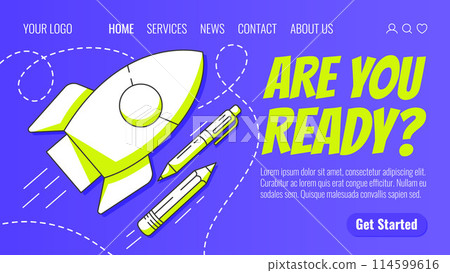 Rocket launch, school supplies, pen and pencil. Back to school, education, learning concept. Vector modern template for web, banner, poster, landing page, website. Blue background 114599616