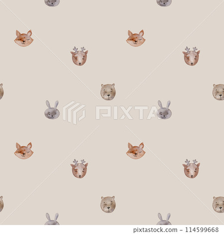 Watercolor baby seamless pattern with forest animals. Simple seamless trendy wallpaper with stain head fox, hare, bear, deer. Hand drawing cartoon illustration on isolated background. Watercolor baby seamless pattern with forest animals. Simple seamless trendy wallpaper with stain head fox, hare, bear, deer. Hand drawing cartoon illustration on isolated background. 114599668
