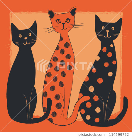 Stylized drawing design cat. Doodle funky kitten, kids illustration. pattern, concept, cartoon, animal, creative, card, orange and dark navy color character. 114599752
