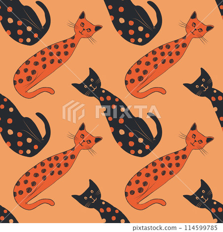 Dark orange dark navy, polka dots Kittens seamless pattern. Stylized drawing design Doodle style sketch, scribble, artistic drawing, funky drawing, vector background. Great for fabric, textile print 114599785