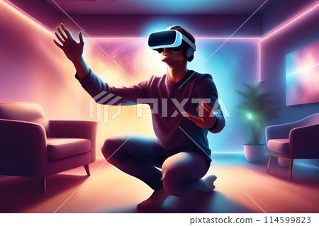 adult leaning using VR AR headset. adult leaning using VR AR headset. 114599823