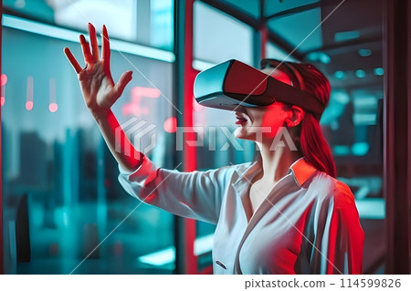 adult leaning using VR AR headset. 114599826