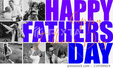Collage with monochrome photos of happy smiling man, father and his little daughter. Creative conceptual design. Happy Father Day 114599924