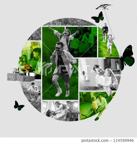 Family bonding. Collage with joyful moments between father and daughter, showing love and care. Creative conceptual design. Happy Father Day Family bonding. Collage with joyful moments between father and daughter, showing love and care. Creative conceptual design. Happy Father Day 114599946