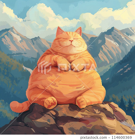 A fat ginger cat meditates on the top of a mountain 114600369