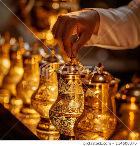 Arab spirits in a golden glass container stand in a row, a hand lifts the lid. 114600370