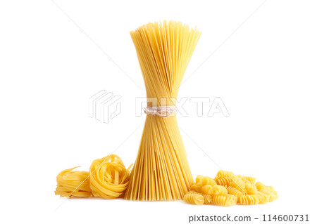 Delicious mixed pasta isolated on white background with copy space 114600731