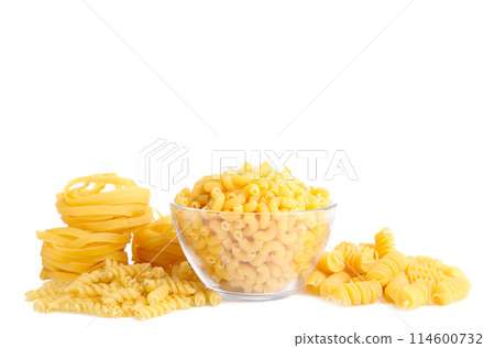Delicious mixed pasta isolated on white background with copy space Delicious mixed pasta isolated on white background with copy space 114600732