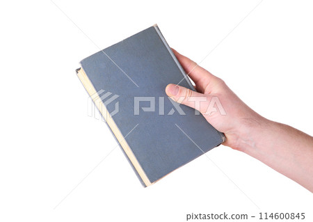 Man hand holding grey old book on white background Man hand holding grey old book on white background 114600845