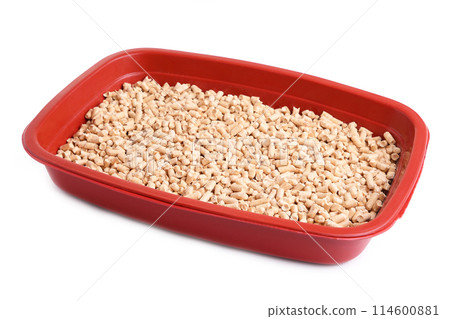 Red cat toilet with filler isolated on white background 114600881