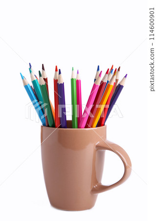 Many different colored pencils in cup islolated on a white background Many different colored pencils in cup islolated on a white background 114600901