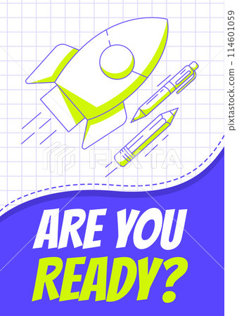 Rocket launch, school supplies, pen and pencil. Back to school, education, learning concept. Vector minimalist poster, a4 format. For banner, cover, web. Checkered background 114601059