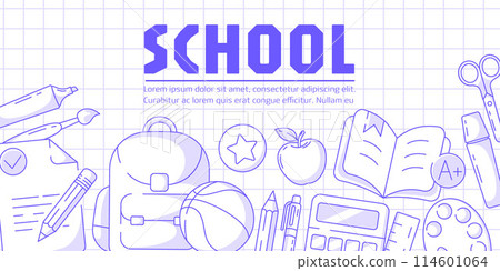 Banner with school supplies, vector minimalist design, checkered background. Backpack, basketball, sheet of paper, open book, calculator and stationery. For poster, flyer, web, business Banner with school supplies, vector minimalist design, checkered background. Backpack, basketball, sheet of paper, open book, calculator and stationery. For poster, flyer, web, business 114601064