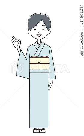 穿著淺藍色和服的女房東插畫 穿著淺藍色和服的女房東插畫 114601284