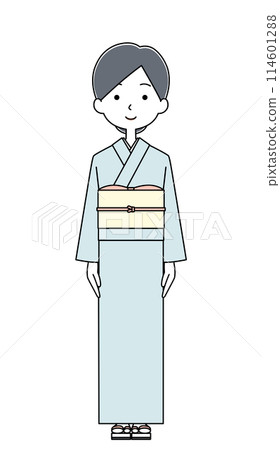 穿著淺藍色和服的女房東插畫 穿著淺藍色和服的女房東插畫 114601288