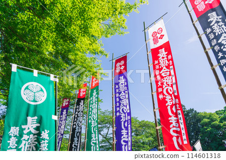 Colorful flags at the Nagashino Battle Flag Festival (Shinshiro City, Aichi Prefecture) Colorful flags at the Nagashino Battle Flag Festival (Shinshiro City, Aichi Prefecture) 114601318