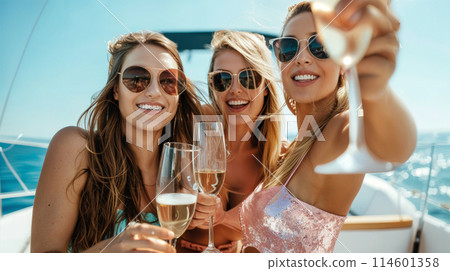 girls with champagne glasses on yacht. girls with champagne glasses on yacht. 114601358