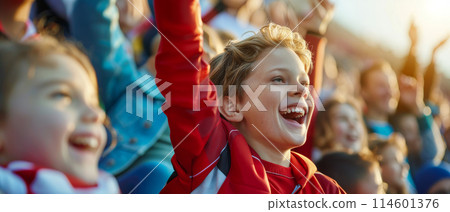 Family with kids cheering for their sports team 114601376