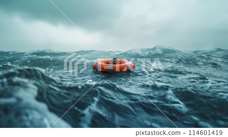Lifebuoy Adrift in Stormy Sea 114601419