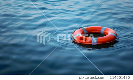 Lifebuoy on Calm Ocean Water under Cloudy Sky 114601420