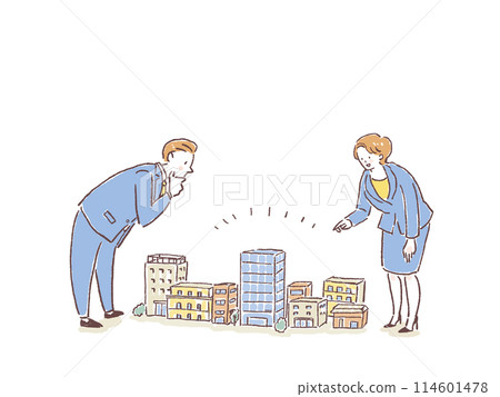 A woman in a suit and a man in a suit pointing at a model of a city 114601478