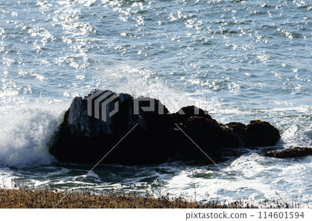 冬季洶湧的海浪拍打著岩石 114601594