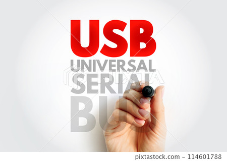 USB Universal Serial Bus - common interface that enables communication between devices and a host controller, acronym text concept background USB Universal Serial Bus - common interface that enables communication between devices and a host controller, acronym text concept background 114601788
