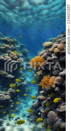 Midday sun casting a radiant glow on a calm azure sea, sunrays gently penetrating the crystal-clear waters 114601887