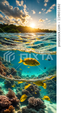 Midday sun casting a radiant glow on a calm azure sea, sunrays gently penetrating the crystal-clear waters 114601892