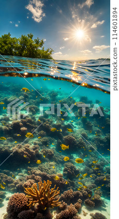 Midday sun casting a radiant glow on a calm azure sea, sunrays gently penetrating the crystal-clear waters 114601894