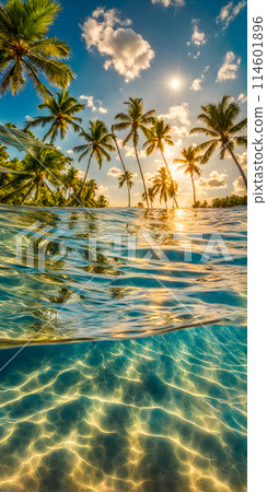 Midday sun casting a radiant glow on a calm azure sea, sunrays gently penetrating the crystal-clear waters 114601896