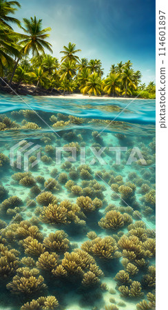Midday sun casting a radiant glow on a calm azure sea, sunrays gently penetrating the crystal-clear waters 114601897