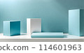 Minimalistic podium in bright blue pastel colors designed for product presentation 114601963
