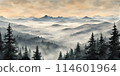 Fog obscuring the peaks of majestic mountains, landscape engulfed in a soft grey mist 114601964