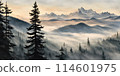 Fog obscuring the peaks of majestic mountains, landscape engulfed in a soft grey mist 114601975