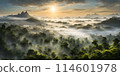Fog obscuring the peaks of majestic mountains, landscape engulfed in a soft grey mist 114601978