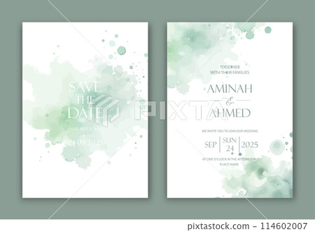 Wedding Invitation with green watercolor spots, blurs and paint drips. 114602007