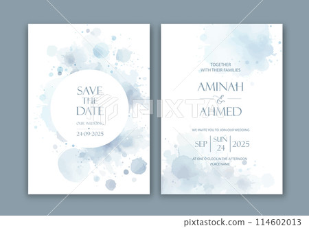 Wedding Invitation with watercolor spots, blurs and paint drips. 114602013