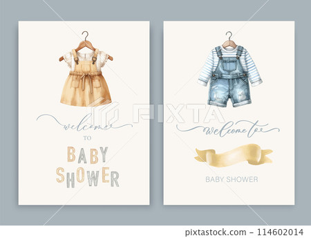 Cute baby shower watercolor invitation card for baby and kids new born celebration. With kids dress and calligraphy inscription. 114602014