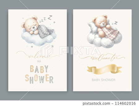 Cute baby shower watercolor invitation card for baby and kids new born celebration. With clouds, moon, stars, teddy bear and calligraphy inscription. 114602016