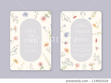 Wedding invitations featuring watercolor wild flowers. The elegant font is set in a rectangular pattern with magenta petals, twigs, and grass accents. Wedding invitations featuring watercolor wild flowers. The elegant font is set in a rectangular pattern with magenta petals, twigs, and grass accents. 114602026