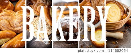 Bakery Bread on a Wooden Table. Various Bread and Sheaf of Wheat Still-life. Bakery Bread on a Wooden Table. Various Bread and Sheaf of Wheat Still-life. 114602064