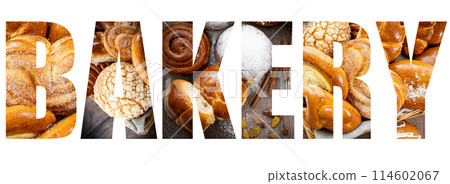 Big letters Bakery. Bakery Bread on a Wooden Table. Various Bread and Sheaf of Wheat Still-life. 114602067