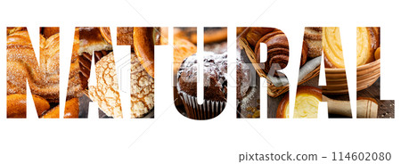 Big letters natural. Fresh fragrant bread on the table. Food concept. 114602080