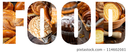 Fresh pastries buns wicker basket rustic style bakery collage 114602081