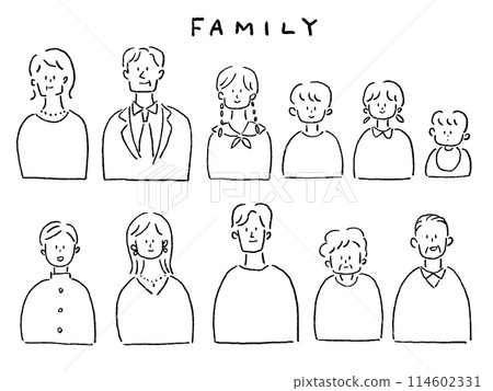 Baby, child, young people, seniors, elderly (family) upper body 11 people (parents, grandparents, children, baby, couple), line 114602331