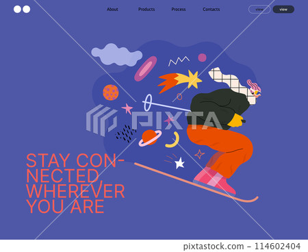 Life Unframed: Cosmic skier -modern flat vector concept illustration of a man skiing in the space. Metaphor of unpredictability, imagination, whimsy, cycle of existence, play, growth and discovery 114602404
