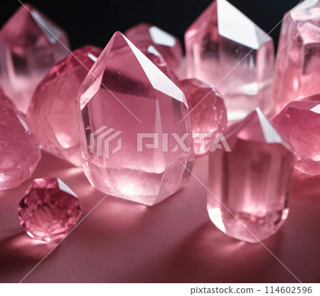 Transparent crimson crystals, close-up on black background Transparent crimson crystals, close-up on black background 114602596