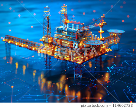 3D rendering , Blue screen Oil rig constructtion plant overlay with wireframe on black background 3D rendering , Blue screen Oil rig constructtion plant overlay with wireframe on black background 114602728
